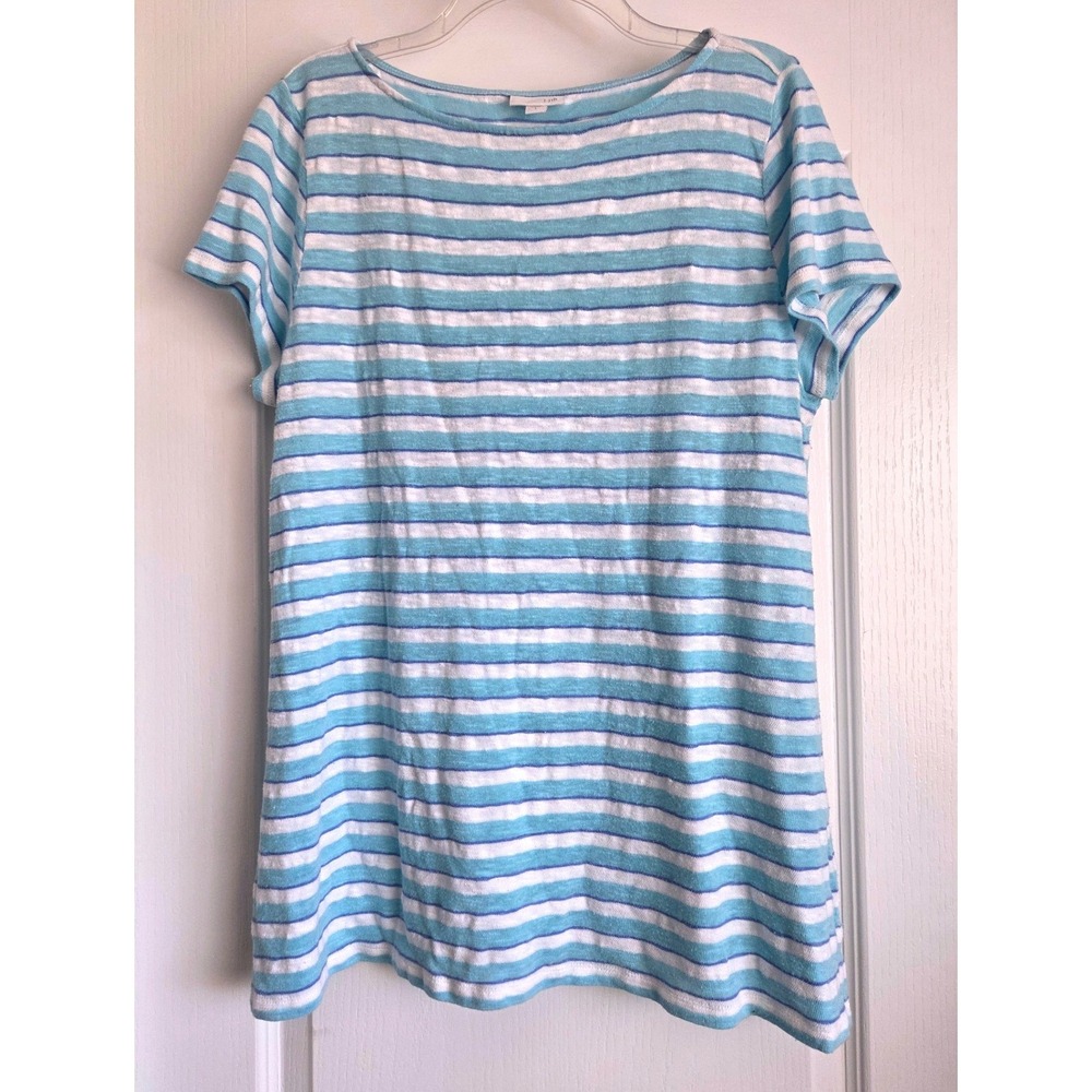 J. Jill Blue White Striped Linen Blend Short Sleeve Boat Neck Top Sz L Beachy